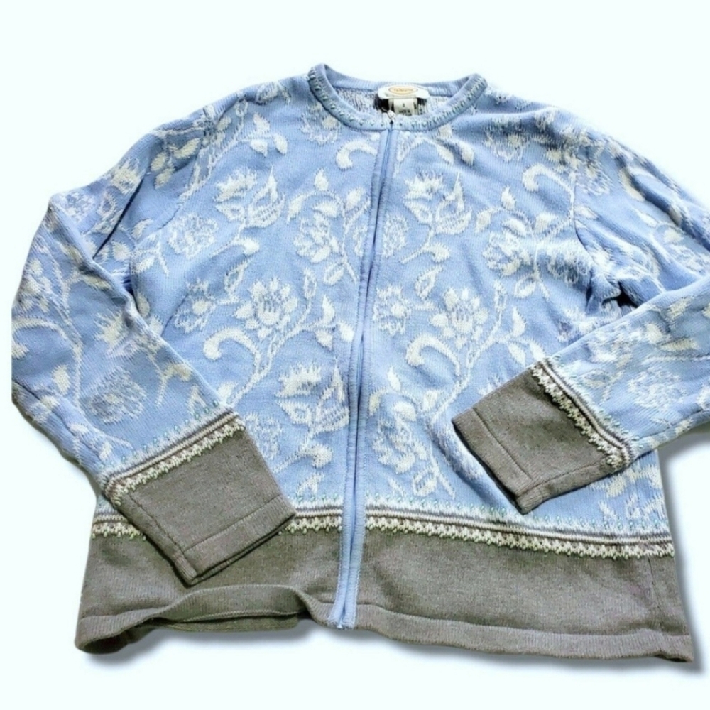 Vintage Talbots Baby Blue Floral Zip cotton Sweater Cardigan Petite Small S y2k